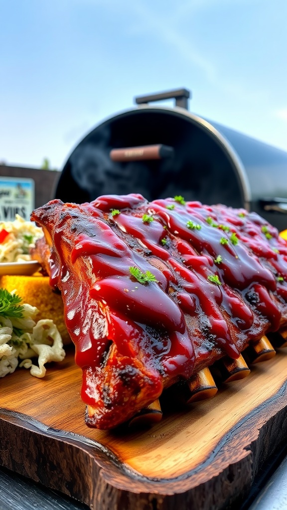 Juicy barbecue ribs glazed with sauce, served with sides on a wooden board outdoors.